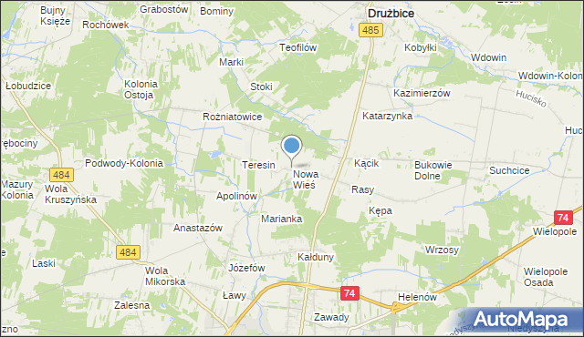 mapa Nowa Wieś, Nowa Wieś gmina Drużbice na mapie Targeo